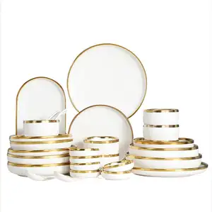 Высококачественная роскошная белая фарфоровая керамическая кухонная утварь с золотым ободом тарелка миска столовая посуда набор