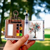 LISI Set de voyage en bois pour artistes étudiants Pocket Watercolor Grid Palette Box Sketch Book Brush Pens Binder Clips for Painters
