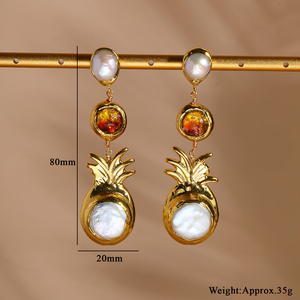 Orecchini Pendenti Placcati Oro alla Moda con Perla Naturale a Forma di Ananas e Vetro Ambrato, <span class=keywords><strong>Gioielli</strong></span> di Tendenza per Donne, Ideali per la Vendita all'Ingrosso - Product Image 3