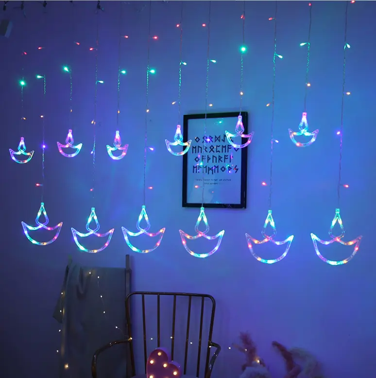 Cortina de luzes de decoração de natal, pisca-pisca com 8 luzes de ramadão, para diwali e diya