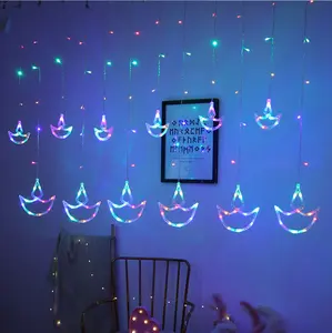 Hot Sell Fairy Icicle Christmas Diwali Decoration Lights Window Diwali Anchor Curtain Diya Boat Row Lights With 8 Ramadan