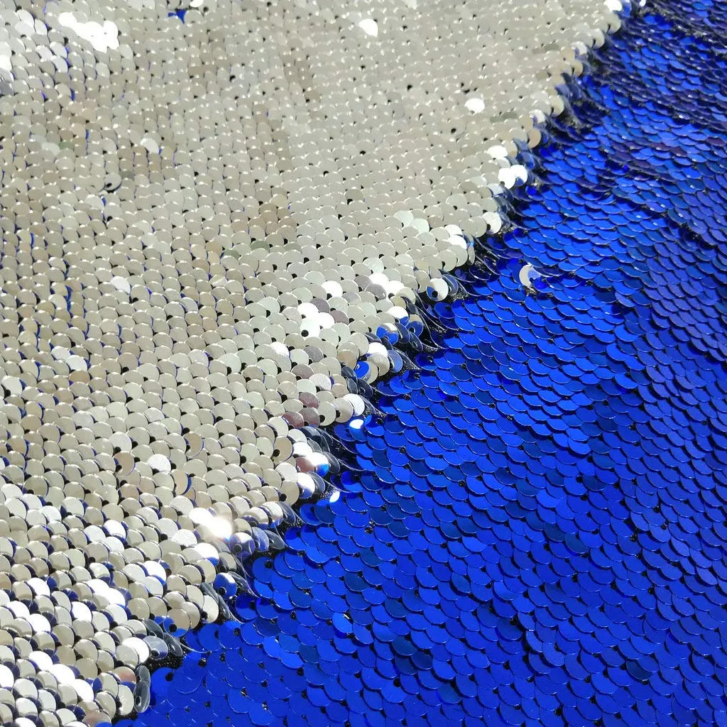 Luxury Stretch Polyester Bicolor Flip 5 Mm Royal Blue Silver Embroidered Sequin Fabric For Celebration Background Decoration