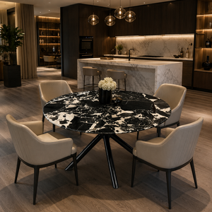 Customized Luxury Black Marble Quartzite Dining <b>Table</b> Round <b>Top</b> Modern Villa 6 Seater Metal Legs <b>Stone</b> Furniture - Product Image 6