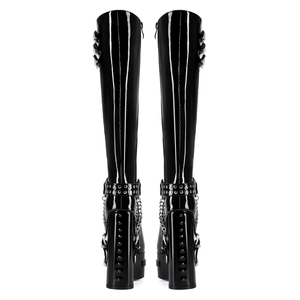 Bottes hautes pour femme à coupe large, en cuir verni brillant, avec boucles métalliques, talons épais à plateforme, rivets arrière, grande taille 47 - Product Image 3