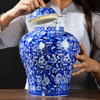 Jarra de Cerámica Extra Grande Azul y Blanca con Tapa, para Té o Almacenamiento, Ecológica, 3-4L, Decoración para el Hogar o Club