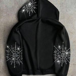 Sudadera con capucha y cremallera para hombre, con estampado gráfico de pedrería personalizado, corte holgado, estilo streetwear, vintage, lavado y desgastado, oversize, hombros caídos - Product Image 3