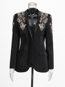 Giacca da <span class=keywords><strong>donna</strong></span> nera di lusso 2025 autunno nuovi cappotti corti a maniche lunghe con diamanti Sexy Deep-V - Product Image 2