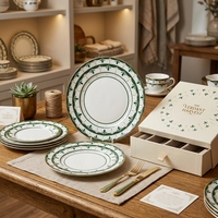 Ensemble d'assiettes en céramique vertes méditerranéennes, vente en gros, vaisselle en porcelaine vintage à motifs géométriques pour mariage, restaurant, vente au détail