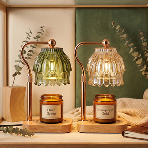 Lampe chauffe-<span class=keywords><strong>bougie</strong></span> avec abat-jour en verre gaufré en forme de cloche, bord ondulé en forme de pétale, base en bois massif, bras réglable, sans flamme, à intensité variable - Product Image 1