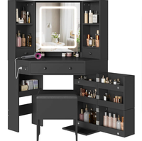 Coiffeuse d'angle avec miroir LED, étagères rotatives, station de charge et tabouret de rangement intégré