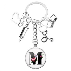 Latest Home Stethoscope Nurse Syringe A-Z Round Glass Dome Cabochon Pendant Men and Women Fashion Charm Keychain