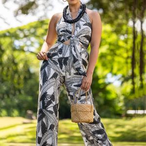 Factory Design <b>Women's</b> Beach Print Jumpsuit Knotted Lapel Halter Jumpsuit High Quality Prewashed Rayon Jumpsuit - Product Image 1