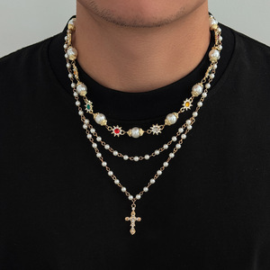 Ensemble de colliers pendentifs croix style Hip Hop en alliage, avec zircon et perles, pour homme, idéal pour mariage ou soirée - Product Image 1