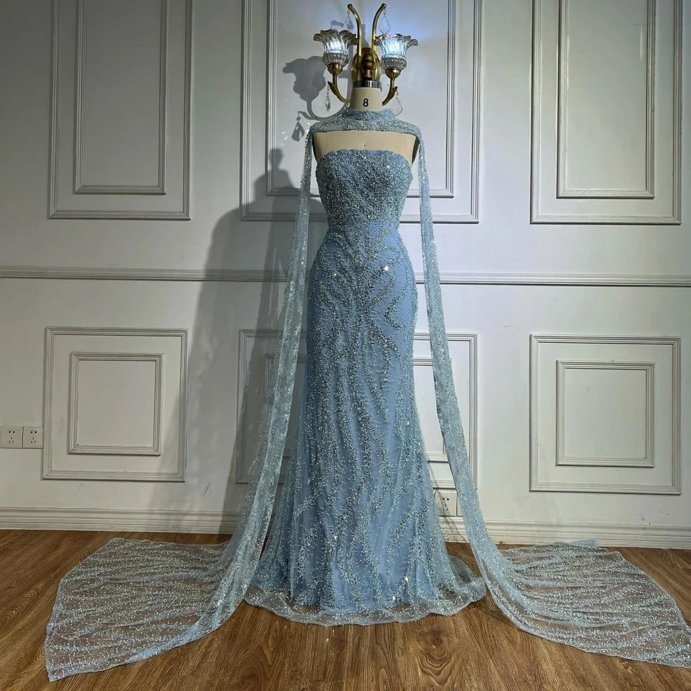 Customized Blue Nude Mermaid Evening Dresses Gowns With Detachable Cape  Sleeves and Lace up Back for Formal Occasion Dresses| Alibaba.com