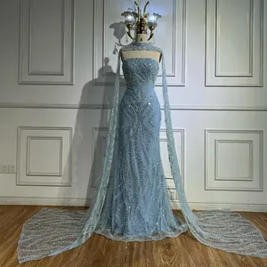 Abiti da Sera a Sirena Personalizzati Blu <span class=keywords><strong>Nude</strong></span> con Mantella <span class=keywords><strong>e</strong></span> Maniche Staccabili <span class=keywords><strong>e</strong></span> Allacciatura Posteriore per Occasioni Formali - Product Image 4