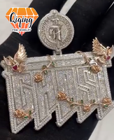 Collier Hip Hop en Argent S925 Plaqué Or Bicolore, Pendentif Lettre Personnalisée Sertie de Moissanite avec Médaillon Oiseau Rose et Attache