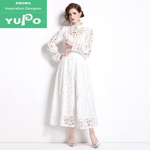 เสื้อเบลาส์และกระโปรงแขนยาวลูกไม้ลายฉลุสีทึบสไตล์วินเทจหรูหราสำหรับสำนักงาน2ชิ้น2024 - Product Image 1