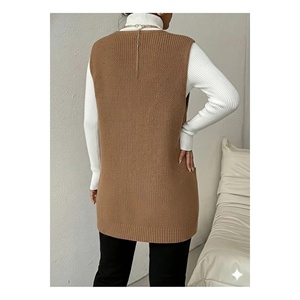 Women's Camel V-Neck Knitted Vest Sleeveless Long With Pockets Casual Wear - Product Image 4