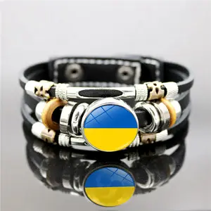 Оптовая продажа с фабрики винтажный кожаный браслет ручной работы синий и желтый многослойный Плетеный браслет с украинским флагом