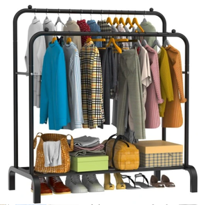 Riel para ropa, estante para ropa, Riel de ropa de metal de doble riel, riel para ropa resistente con estante inferior para abrigos - Product Image 2