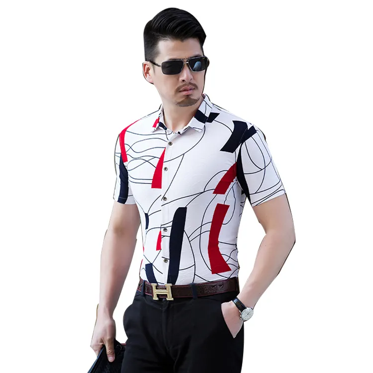 Özelleştirme yaz yeni moda erkek baskılı kısa kollu büyük boy 6xl kore elastik rahat tasarım ince gömlek