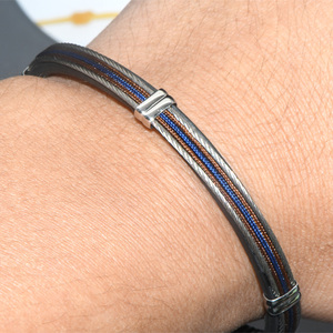 Moda uomo in vera pelle con corda marrone blu filo di acciaio inossidabile Pulsera Para Hombre De 5mm bracciali con polsino largo - Product Image 6