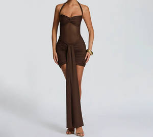 Viviblook D26DS054 Vestidos de Verano para Mujer, Nuevo Vestido Mini de Fiesta con Cuello Halter, Diseño Casual de Color Sólido con Malla y Lazos - Product Image 3