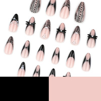 Faux ongles en amande à presser, couleur nude avec nœud en dentelle noire et perle, style gothique Y2K, pour femmes