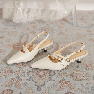 Brown Genuine Leather Pointed Toe Slingback Pumps Kitten Heel Buckle Strap Fashion Women's Shoes All Seasons High Heeled Shoes - Product Image 3