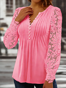 Blusa plisada de talla grande para mujer, informal, rosa vibrante, de fibra de leche, con encaje, manga farol, cuello en V festoneado y botones frontales - Product Image 3