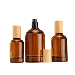 Luxury Cosmetic Packaging Atomizer Amber Glass Spray Perfume Bottle With Wood Lid