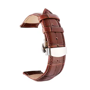 Correa de cuero de piel de ternero para hombre y mujer, correa de reloj de 12-24mm, hebilla de despliegue de mariposa de oro rosa plateado