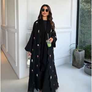 Abaya LEDUO Negra Transpirable de Poliéster de Doble Capa, Estilo Étnico, Corte Recto, Larga hasta el Suelo, Adornada con Flores Bordadas de Colores - Product Image 1