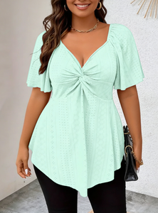 จอยอินสปริงเสื้อเบลาส์แขนสั้นผ้าถักนิตติ้ง 3 มิติ คอวี ผูกโบว์ สีเขียวอ่อน ไซส์พลัส สำหรับผู้หญิง ฤดูใบไม้ผลิ ฤดูร้อน ฤดูใบไม้ร่วง สไตล์ลำลอง - Product Image 2