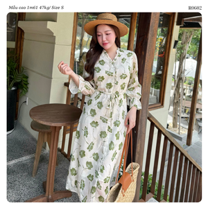 Robe midi à imprimé floral pour femmes, col en V, manches à volants, coupe évasée, robe d'été décontractée, tissu tissé respirant - Product Image 6