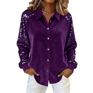 Blus Wanita Musim Dingin 2026 Kerah V Berpayet Patchwork Lengan Panjang Beludru Elastis Model Longgar Streetwear - Product Image 5