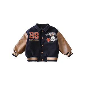 N3165/Fashion Baseball Coat with Leather Patchwork High Quality Winter Children Boys Jackets Kids Boutique Wholesale Clothing