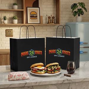 Sacs d'emballage alimentaire à emporter en papier kraft noir écologique et recyclable avec logo personnalisé pour la livraison en restaurant et bar - Product Image 3
