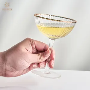 Gold Rim Long Stem Champagne Glass Ribbed Glass Crystal Glass Ice Cream Cup For Wedding Party Bar