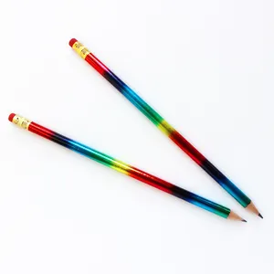 कस्टम लोगो के साथ गोल आकार लकड़ी एचबी पेंसिल इंद्रधनुष फिल्म ग्रेफाइट सीसा पेंसिल पेंसिल रबड़ के साथ बच्चों के लिए थोक में