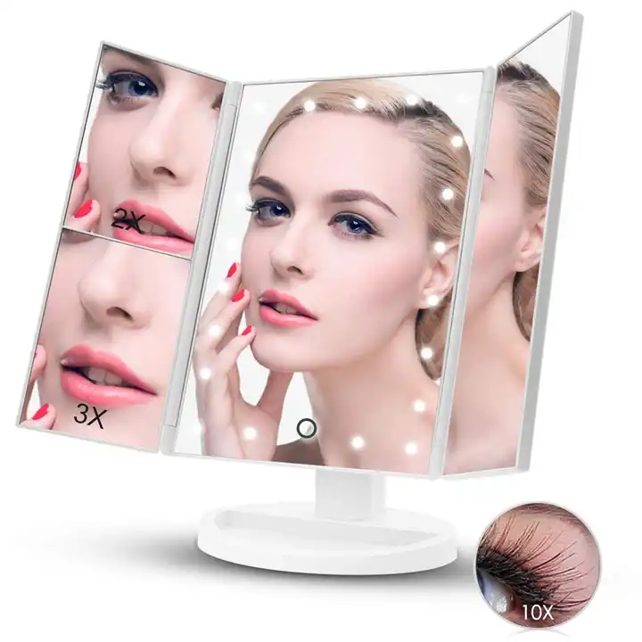 Source Miroir de maquillage tripliable à LED, glace pour