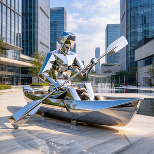 Escultura de Acero Inoxidable de Gran Tamaño, Arte Metálico Personalizado, Hombre Remando con Bote y Remos, Acabado Pulido Espejo, para Decoración de Plazas y Lagos - Product Image 2