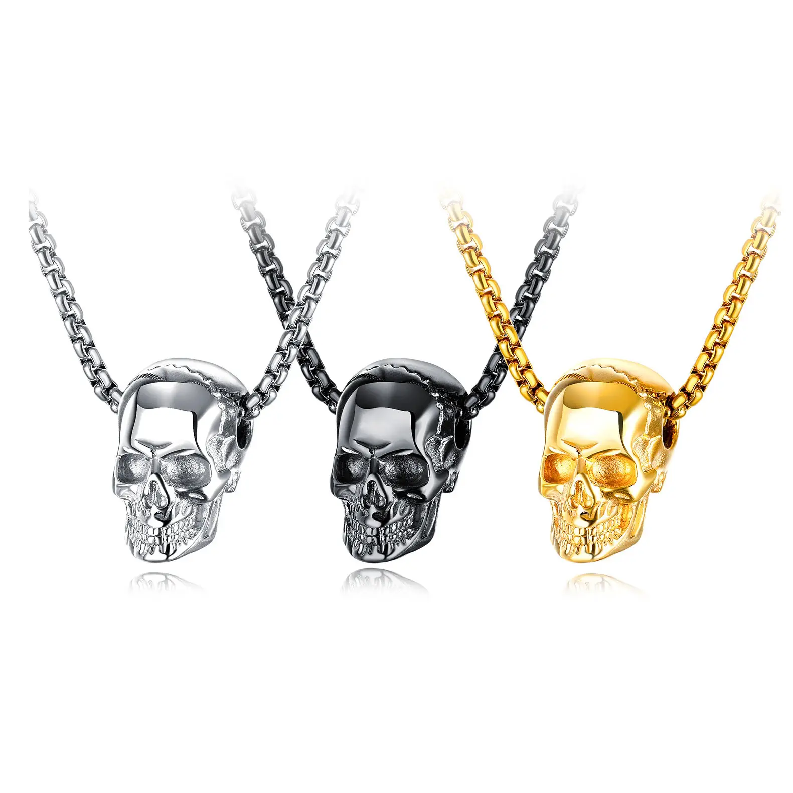 Wholesale Titanium Stainless Steel Jewelry Punk Skull Skeleton Casting Pendant Gold Plated Men's Necklace