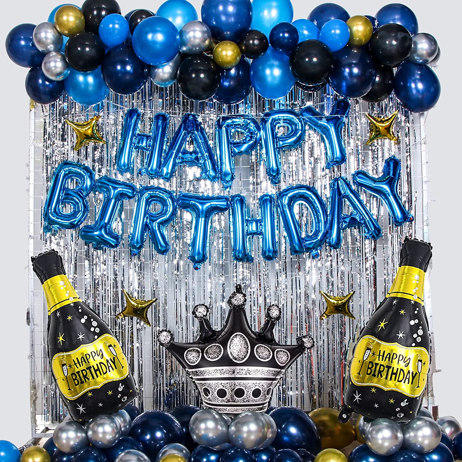 Kit Decorazioni Compleanno Blu – 60 Pezzi: Palloncini Metallici, Pastello, Navy, Tenda Frange, Striscione – Per 1° 18° 21° 25° Compleanno Uomo/Donna