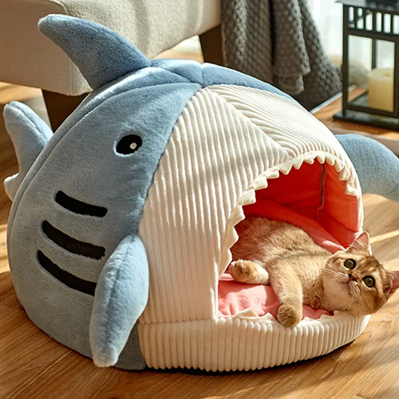 Coussin épais chat grotte lit chaton doux chaud maison confortable requin forme mignon chien chat grotte lit