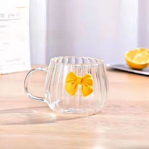 Schleifenknoten Hitzebeständige Glas-Tasse mit Niedlichem Großen Bauch und Vertikalen Streifen, Modische Einfache Kaffeetasse für Zuhause, Kürbis-Milchtee-Tasse - Product Image 4