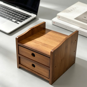 Double <b>Drawer</b> Bamboo Desktop Organizer Minimalist Standing Type Office <b>Storage</b> <b>Box</b> for Student Desk Organization - Product Image 1