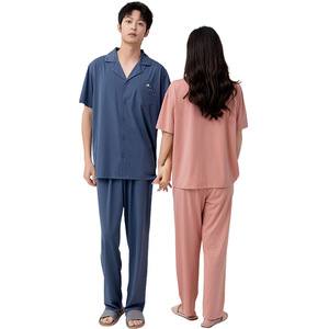 Conjunto de Ropa de Verano Personalizada Unisex, Cárdigan con Cuello de Color Sólido y Pantalones Cortos de Algodón Elástico para Parejas - Product Image 3