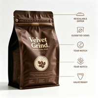 Sachet de café imprimé sur mesure, finition mate, à huit soudures latérales, pochette alimentaire refermable avec fermeture éclair, emballage stand-up refermable pour grains de café et noix