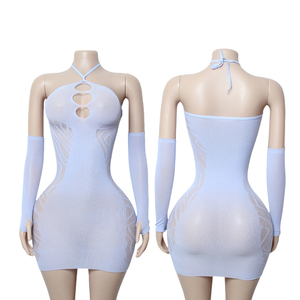 Sexy Women's Halter Neck <b>Fishnet</b> Bodycon Mini Dress with Detachable Long Sleeves & Hollow Out Design for Party Clubwear - Product Image 1